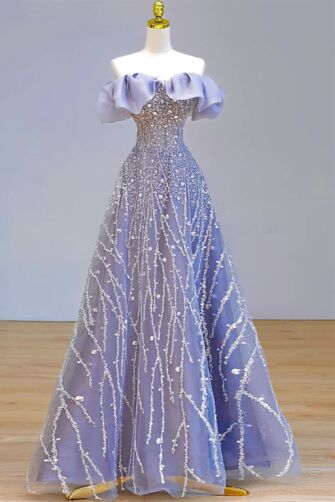 Lavender Off-Shoulder Sequin Gown – Sparkling Embellished Evening Dress