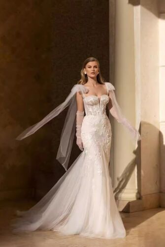 Strapless Lace Corset Gown with Detachable Cape for Formal Events