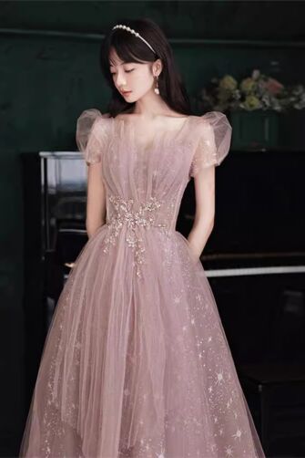 Fairy Dust Pink Evening Gown – Luxe Starry Tulle Dress with Beaded Details for Formal Events