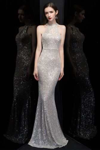 Silver Keyhole Halter Sequin Mermaid Gown – Perfect for Red-Carpet Events and Evening Galas