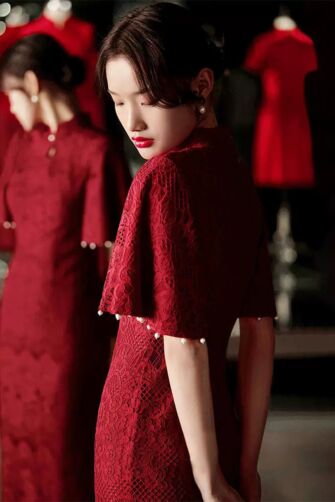 Crimson Lace Bell-Sleeve Cheongsam with Pearl Trim – Perfect for Weddings and Traditional Occasions