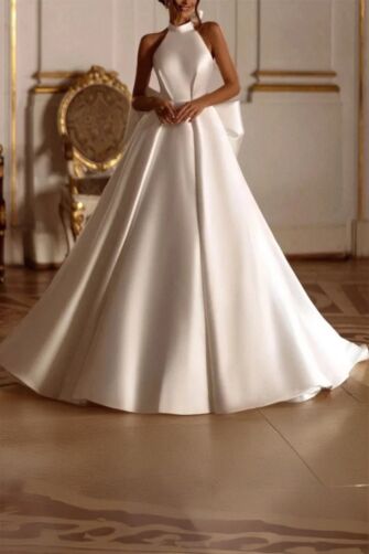 High-Neck Satin Ball Gown with Full Skirt for Formal Events