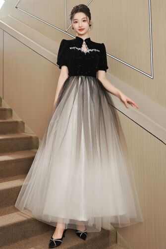 Elegant Black Velvet and Ombre Tulle Gown with Sequins – Perfect for Evening Events and Galas