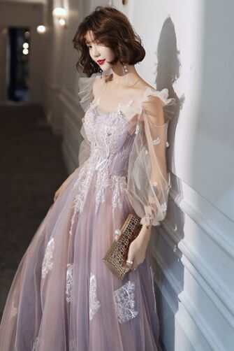 Lavender Lace and Tulle Gown with Pearl Accents – Elegant Evening Dress