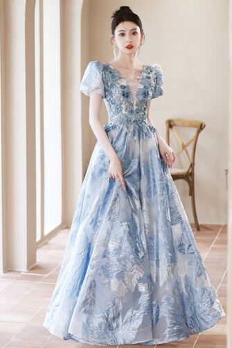 Sky Blue Puff-Sleeve Embroidered Ball Gown – Perfect for Weddings and Galas