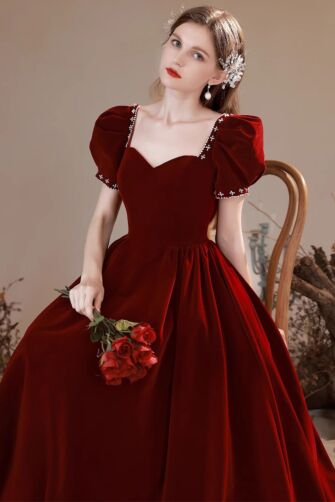 Crimson Velvet Royal Gown – Puff Sleeves & Pearl Embellishments