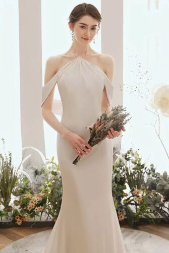 Ivory Off-Shoulder Halter Satin Mermaid Gown – Perfect for Weddings and Formal Occasions