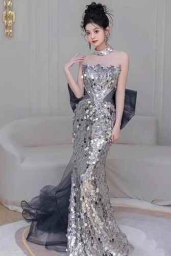 Moonlight Mirage – Strapless Paillette Mermaid Gown with Bow Back