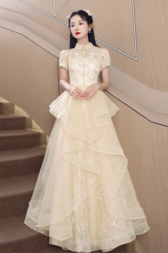 Champagne Collared Tiered Tulle Ball Gown – Perfect for Weddings and Formal Events