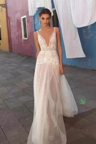 Deep V-Neck Lace Sheath Gown with Long Train for Evening Events