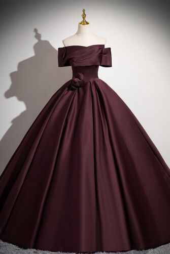 Plum Off-Shoulder Ball Gown with Rose Accent – Perfect for Weddings and Formal Galas