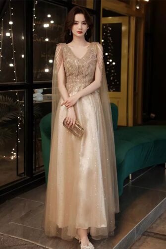Golden Elegance Beaded Tulle Gown – V-Neck Evening Dress with Draped Sleeves