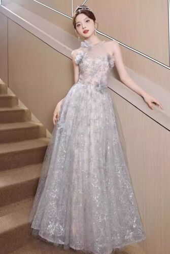 Silver Floral Illusion Neckline Ball Gown – Perfect for Weddings and Evening Galas