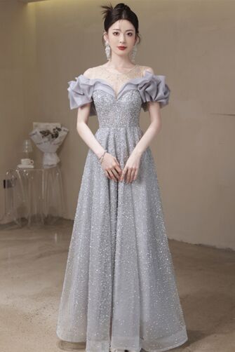 Silver Shimmer Off-Shoulder A-Line Gown with Ruffle Sleeves – Perfect for Weddings and Formal Events