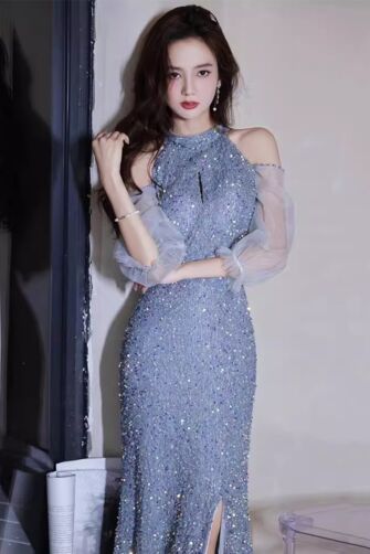 Dusty Blue Halter Cold-Shoulder Sequin Gown with Sheer Sleeves and High Slit – Perfect for Evening Events