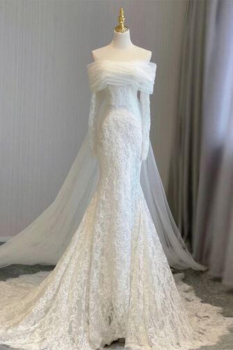 Elegant Off-Shoulder White Lace Wedding Gown with Sheer Train and Long Sleeves