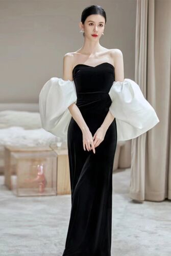 Black Velvet Strapless Gown with Dramatic White Puff Sleeves – Perfect for Formal Galas