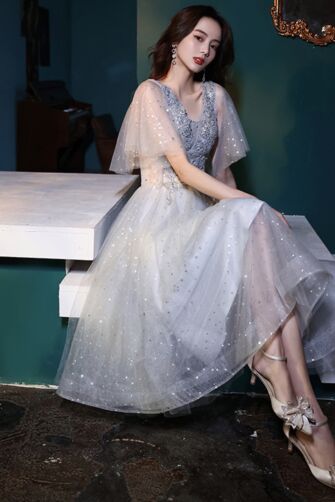 Starlit Grace Midi Gown – Sparkling Tulle Dress with Beaded Bodice and Flouncy Sleeves