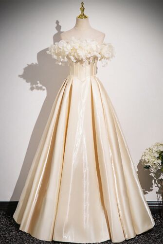 Ivory Satin Off-Shoulder Gown with Floral Detailing – Elegant and Timeless for Special Occasions