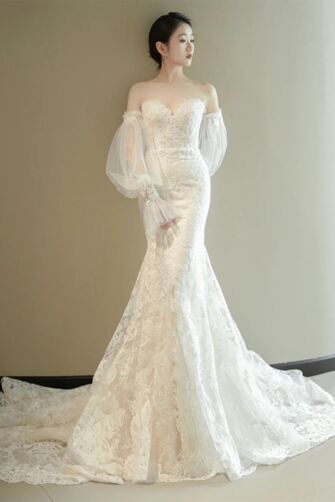 Ivory Lace Off-Shoulder Mermaid Gown with Sheer Sleeves – Perfect for Modern Brides