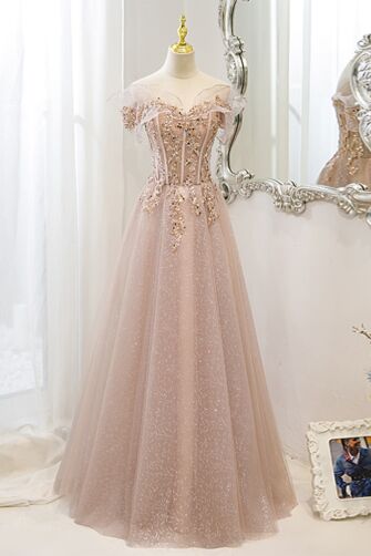 Blush Pink Off-Shoulder Floral Embellished Gown with Tulle Skirt – Perfect for Weddings and Formal Events