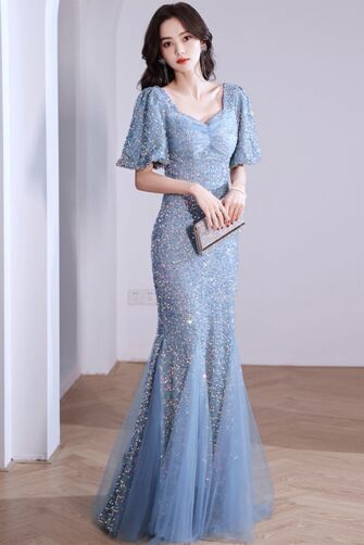 Sky Blue Flutter-Sleeve Sequin Mermaid Gown – Perfect for Weddings and Evening Soirees