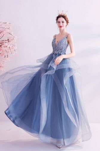 Dusty Blue Lace Tiered Tulle Ball Gown – Perfect for Weddings and Formal Events