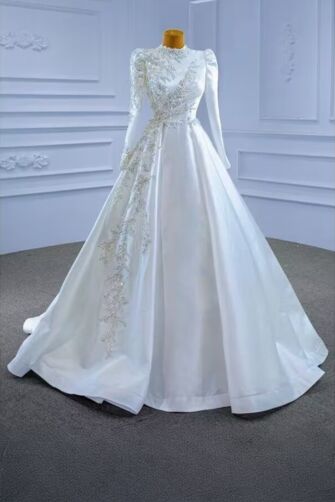 High-Neck Long-Sleeve Lace Appliqué Ball Gown with Long Train for Formal Events