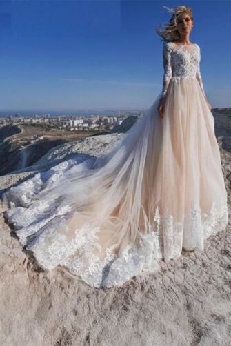 Long-Sleeve Lace Tulle Ball Gown with Long Train for Evening Events