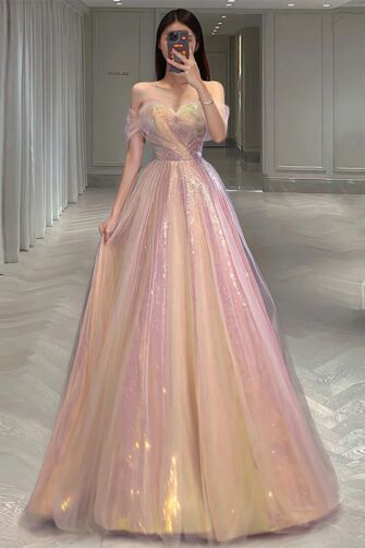 Aurora Glow Off-Shoulder Gown – Iridescent Tulle Ballgown