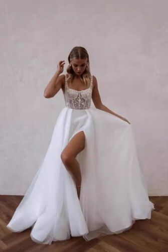 Sleeveless Lace Bodice Ball Gown with High Slit for Formal Events