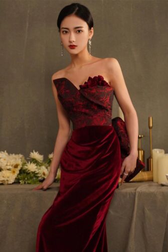 Crimson Embroidered Velvet Strapless Gown – Perfect for Evening Galas and Formal Occasions