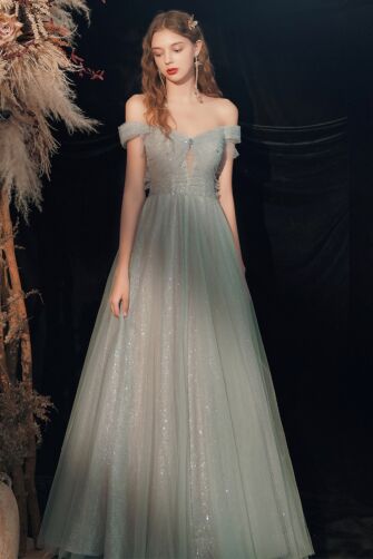Sage Green Sparkling Off-Shoulder Tulle Gown – Perfect for Weddings and Formal Events