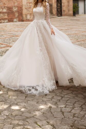 Lace Long Sleeve High-Neck Ball Gown with Long Train for Formal Events