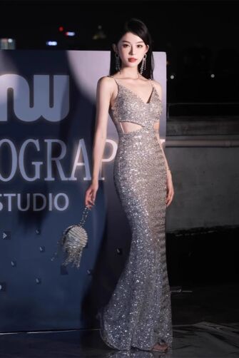 Silver Mirage – Spaghetti-Strap Cutout Sequin Gown