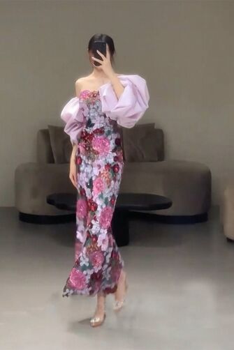 Floral Embroidered Bodycon Gown with Lavender Puff Sleeves – Ideal for Elegant Evening Events