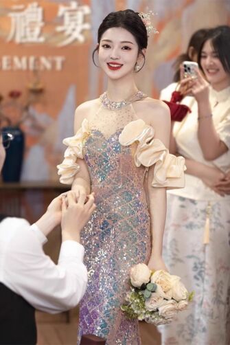 Champagne Iridescent Halter Sequin Gown with Ruffle Sleeves – Perfect for Weddings and Formal Events