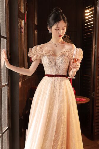 Blush Elegance Off-Shoulder Gown – Beaded Tulle with Bow Detail