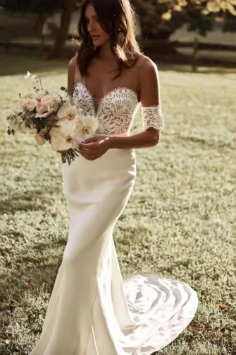 Lace Bodice Mermaid Gown with Long Train for Wedding Events