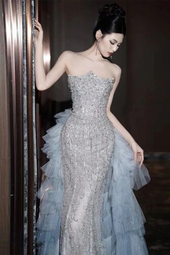 Romantic – Puffy Sleeve Velvet Tulle Ball Gown with Scalloped Neckline