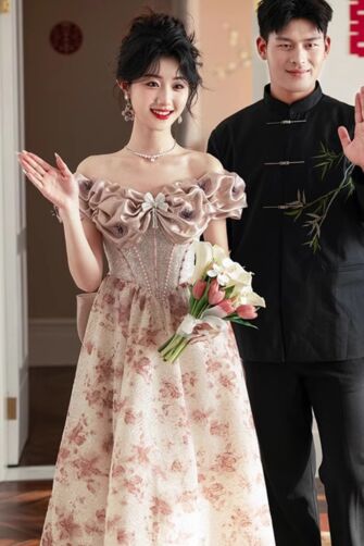 Blush Ruffled Off-the-Shoulder Floral Gown – Perfect for Weddings and Festive Occasions