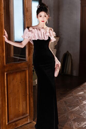 Petal Noir – Off-Shoulder Velvet Mermaid Gown with Pink Ruffles