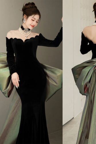 Obsidian Aurora – Off-Shoulder Velvet Mermaid Gown with Iridescent Bow