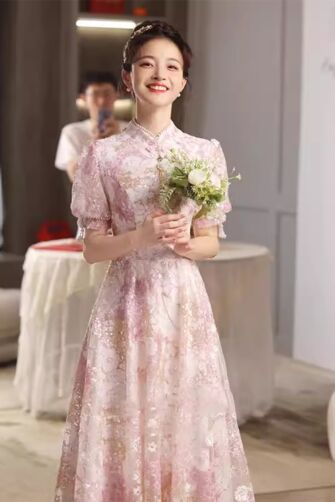 Blush Floral Mandarin-Collar Lace Gown – Perfect for Weddings and Special Occasions