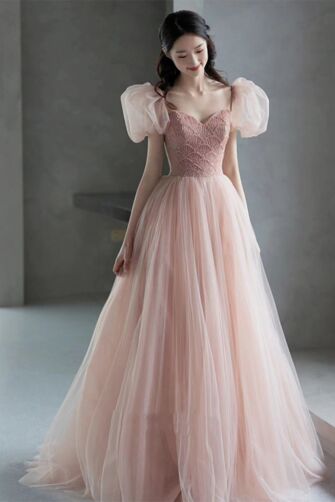 Blush Fairy Tulle Gown – Puffy Sleeves & Embroidered Bodice