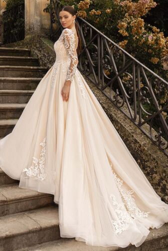 Long-Sleeve Lace Ball Gown with Full Skirt and Long Train for Formal Events