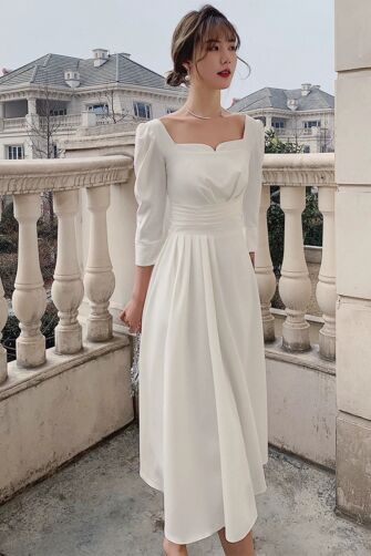 Chic Square Neckline White Dress with Elegant Puff Sleeves – Perfect for Casual Events and Parties