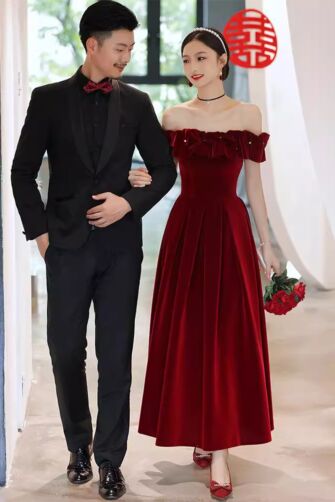 Crimson Velvet Off-Shoulder Gown with Ruffled Detail – Perfect for Formal Events and Weddings