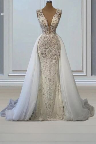 Deep V-Neck Lace Mermaid Gown with Detachable Train for Formal Events