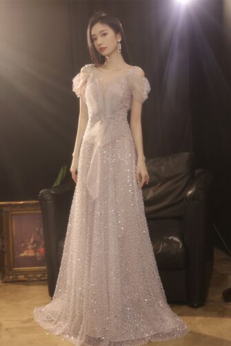 Lavender Sequin Beaded Gown with Tulle Puff Sleeves – Perfect for Evening Parties and Formal Events